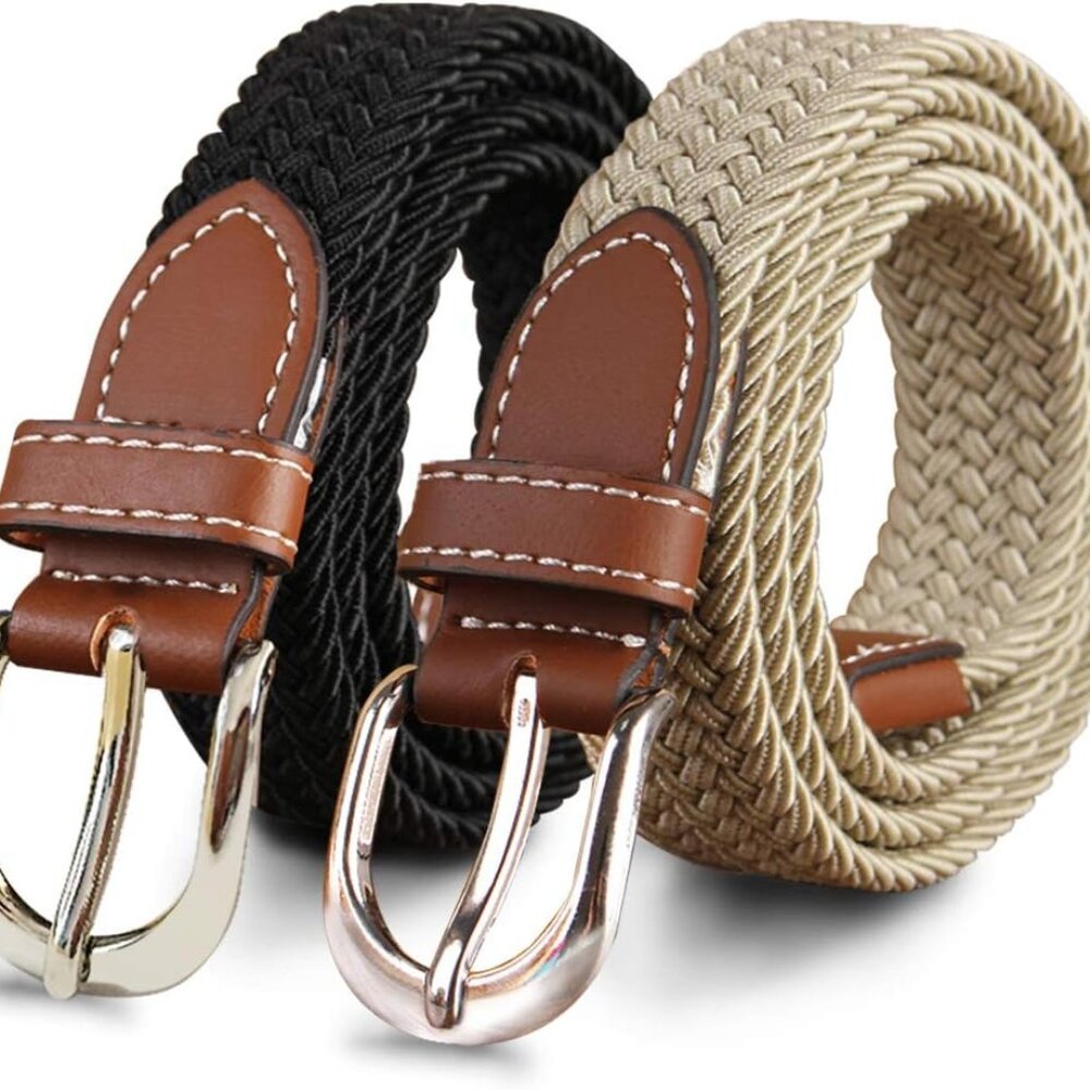 2 Pack 1'' Narrow Width Elastic Belt, Stretch Braided Skinny Fabric Woven Women